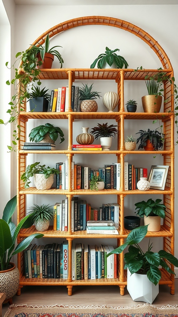 A beautifully arranged rattan bookshelf filled with books and plants, showcasing a boho office style.
