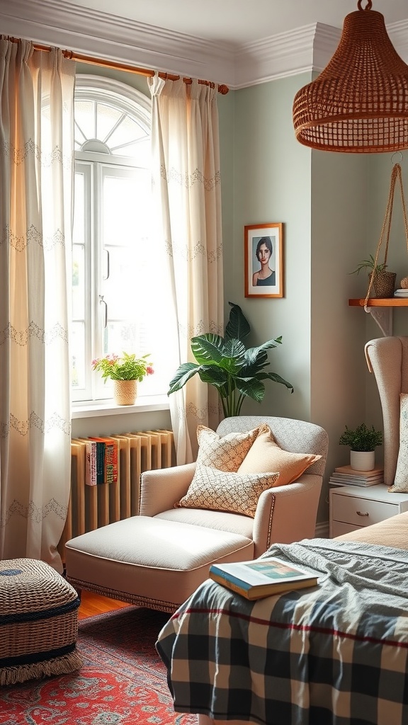 Cozy reading nook with a comfortable chair, pillows, and a window with natural light.