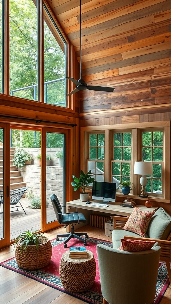 A cozy home office with reclaimed wood accents, large windows, and a comfortable seating area.