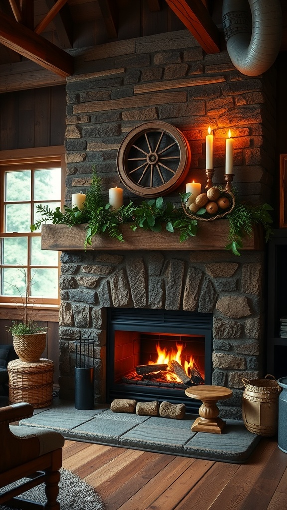 A rustic cabin fireplace with a reclaimed wood mantel, stone surround, and candles.