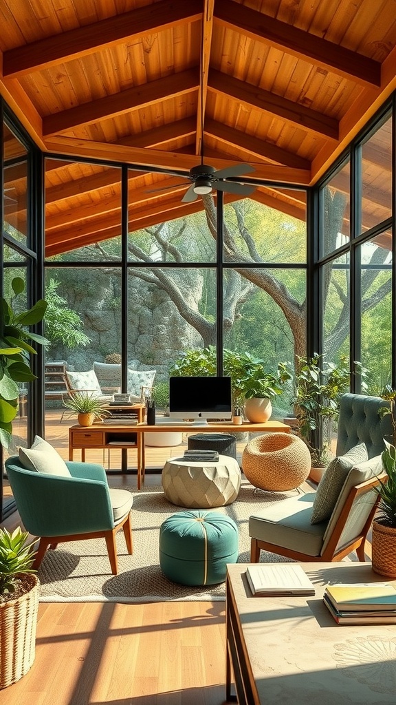 A bright home office with recycled material furniture, featuring wooden beams and plants.