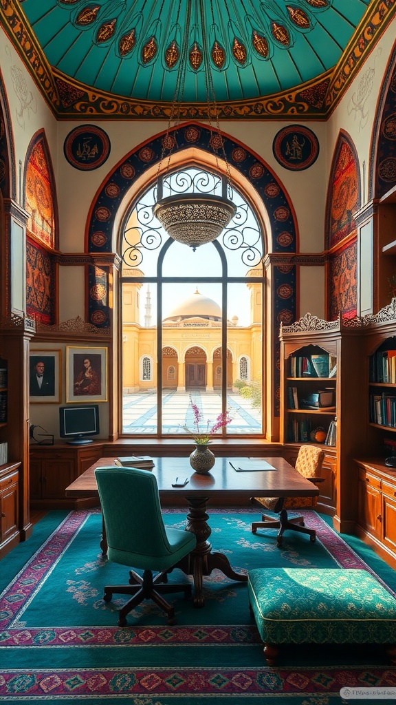 A beautifully designed home office inspired by mosque architecture, featuring a turquoise dome ceiling and arched windows.