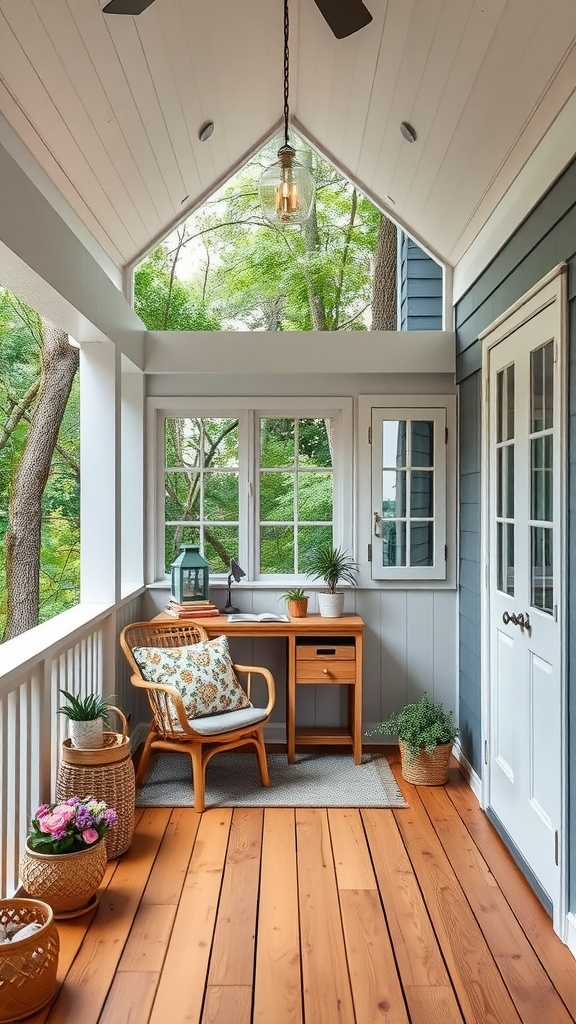 Cozy outdoor reading nook with a chair, desk, and large windows surrounded by greenery.
