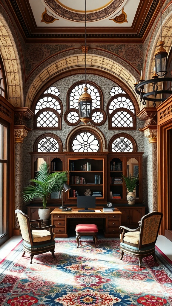 A beautifully designed home office featuring Renaissance and Islamic architectural elements, with arched windows, intricate patterns, and elegant furniture.
