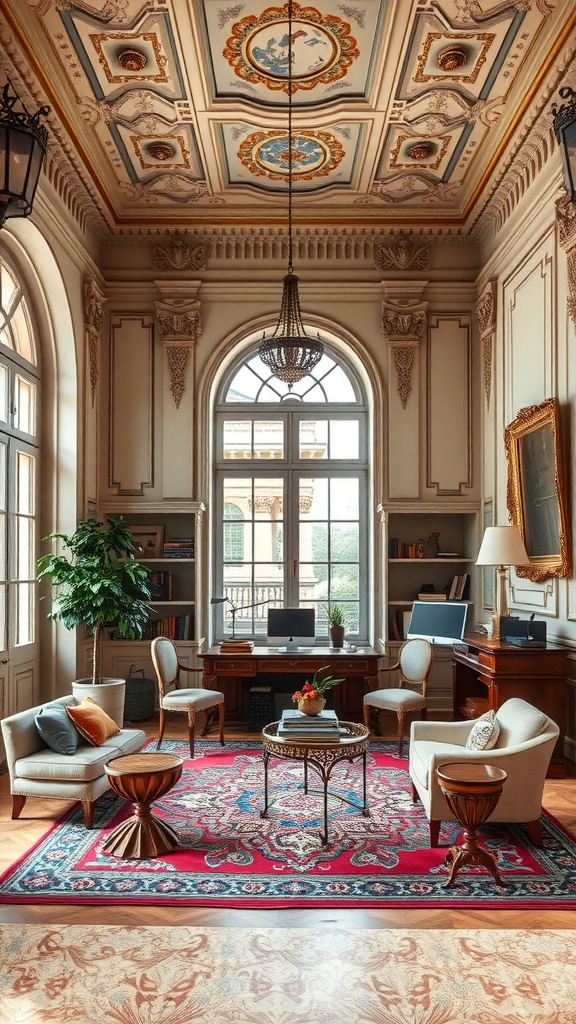 A beautifully designed home office featuring Renaissance Revival architecture with intricate ceiling details, large windows, and elegant furniture.
