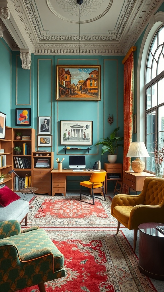 A stylish home office featuring teal walls, vintage furniture, and classical architectural details.