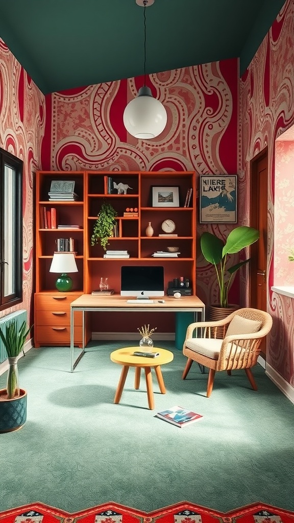 A retro-styled home office featuring patterned walls, a wooden desk, and a cozy chair.