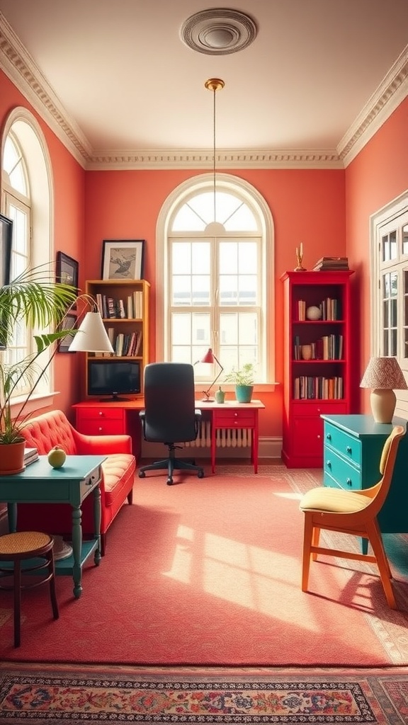 A vibrant home office featuring coral walls, colorful furniture, and large windows, showcasing retro revival in home office design.