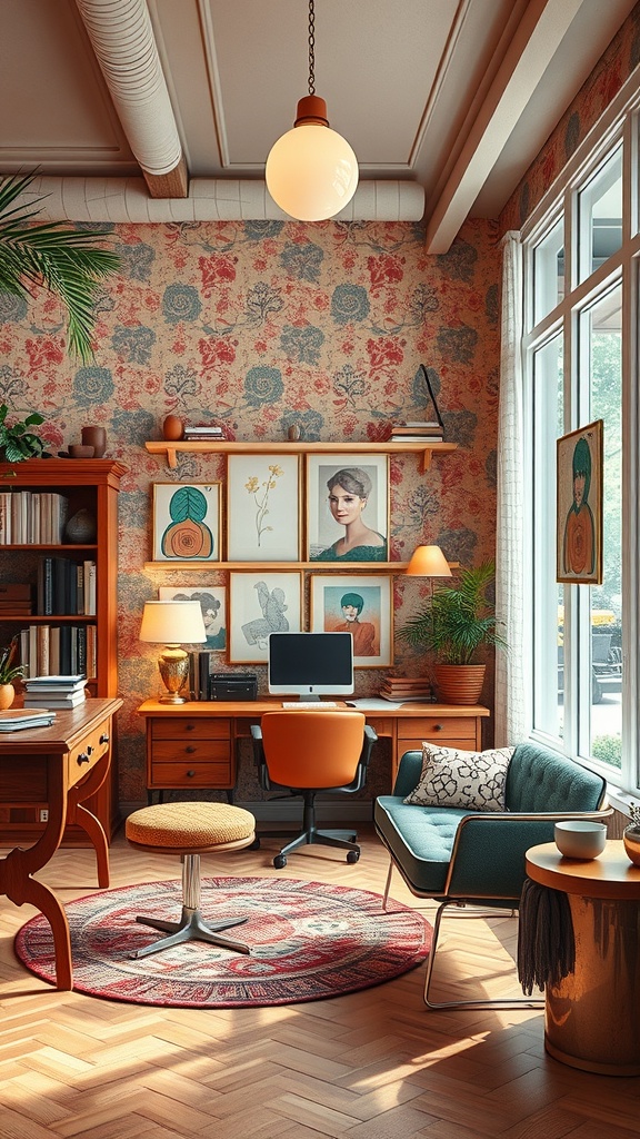 A retro style home office featuring floral wallpaper, vintage furniture, and natural light.