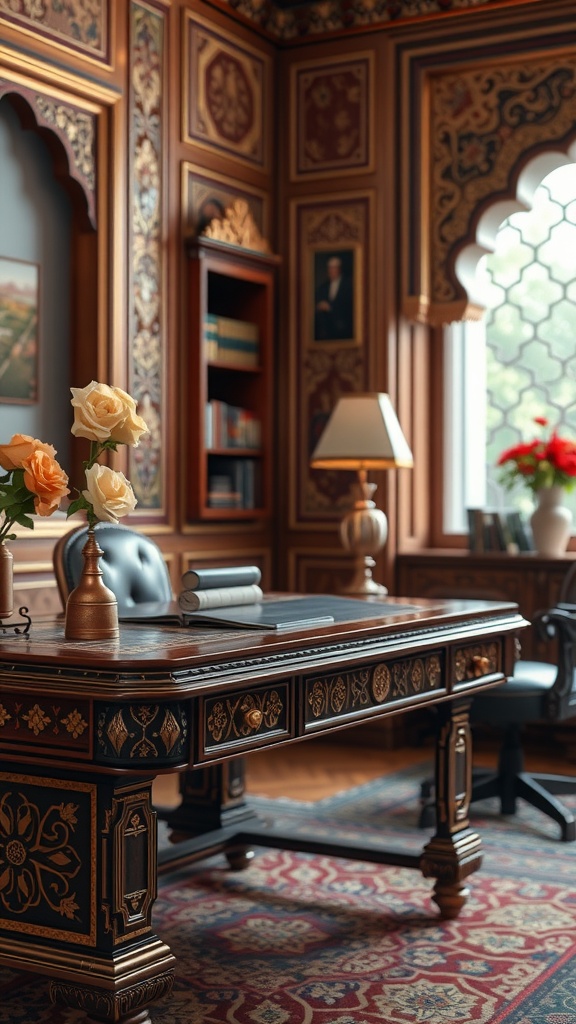 A beautifully designed home office featuring rich inlay work typical of Mughal architecture, with a wooden desk and intricate patterns.
