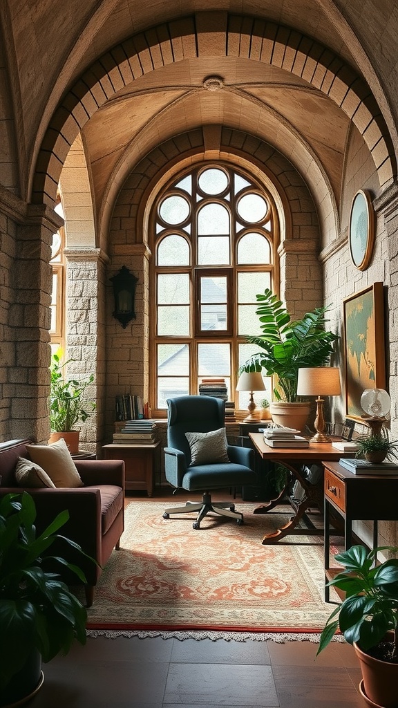 A cozy home office featuring Romanesque Revival elements with arched ceilings and stone walls.