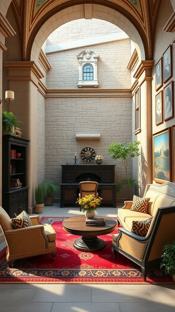 A beautifully designed home office featuring Romanesque architecture with arches, stone walls, and elegant furniture.