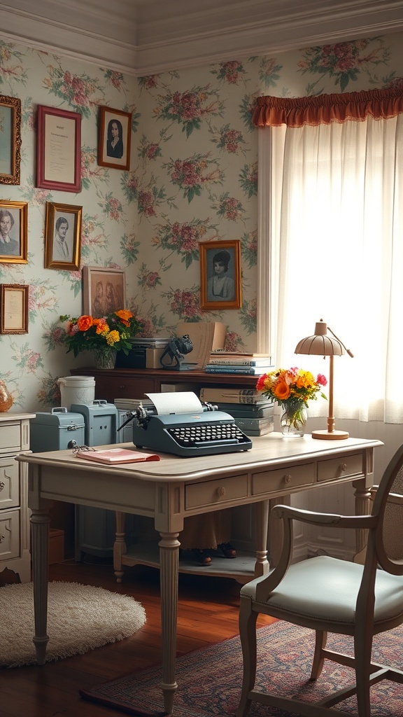 A vintage home office with floral wallpaper, a typewriter, and a wooden desk adorned with flowers.