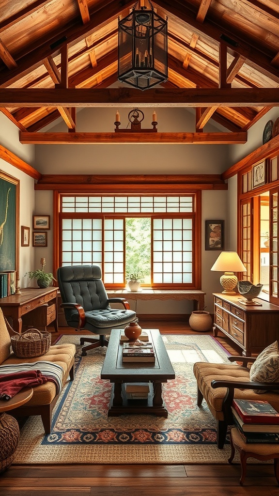 Cozy home office with wooden beams, large windows, and comfortable seating, showcasing rural farmhouse charm.