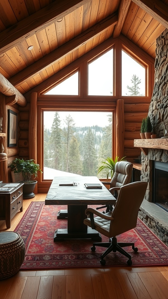 A rustic cabin office featuring wooden beams, a stone fireplace, and a large window with a view of trees.