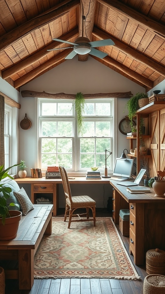 A rustic home office with wooden beams, natural light, and plants, showcasing organic architecture design.