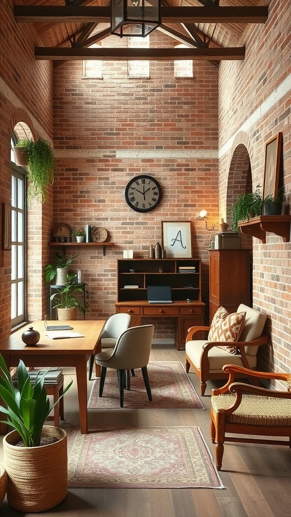 A rustic home office featuring exposed brick walls, wooden beams, and cozy furniture.