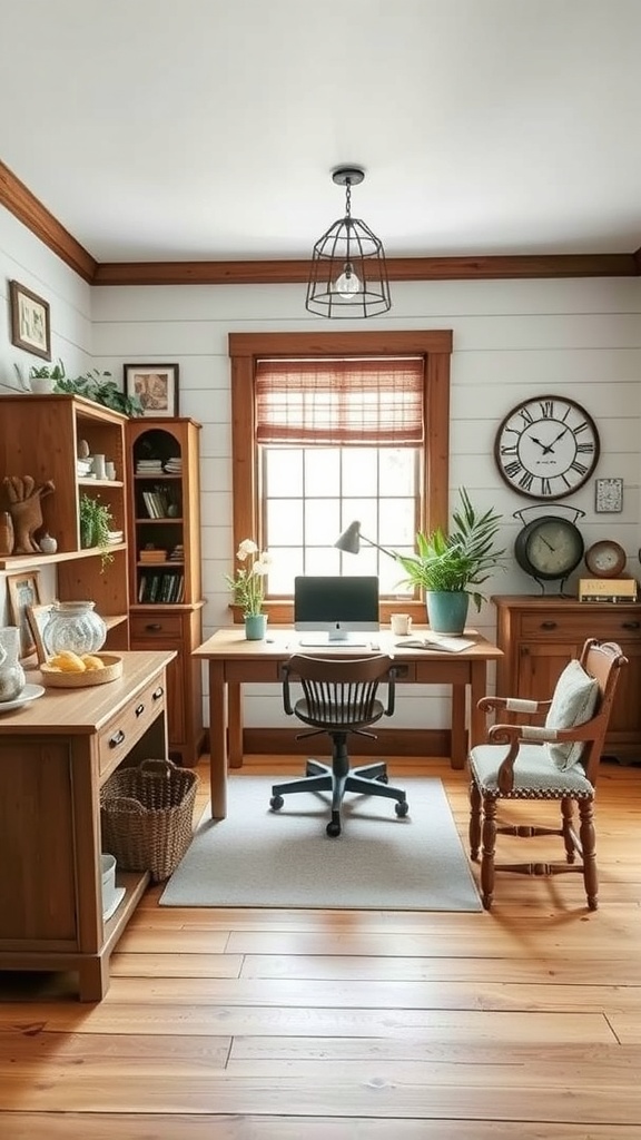 A rustic farmhouse office with wooden beams, comfortable seating, and a warm, inviting atmosphere.