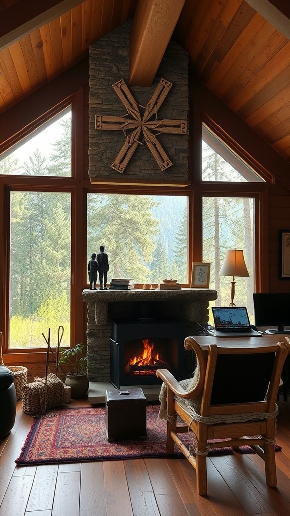 A rustic fireplace in a home office with large windows showcasing a beautiful view of nature.
