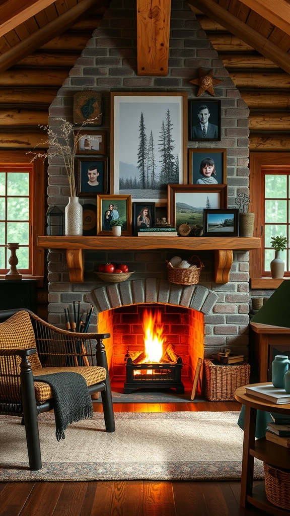 A cozy rustic fireplace with family photos on the mantle in a cabin home office.