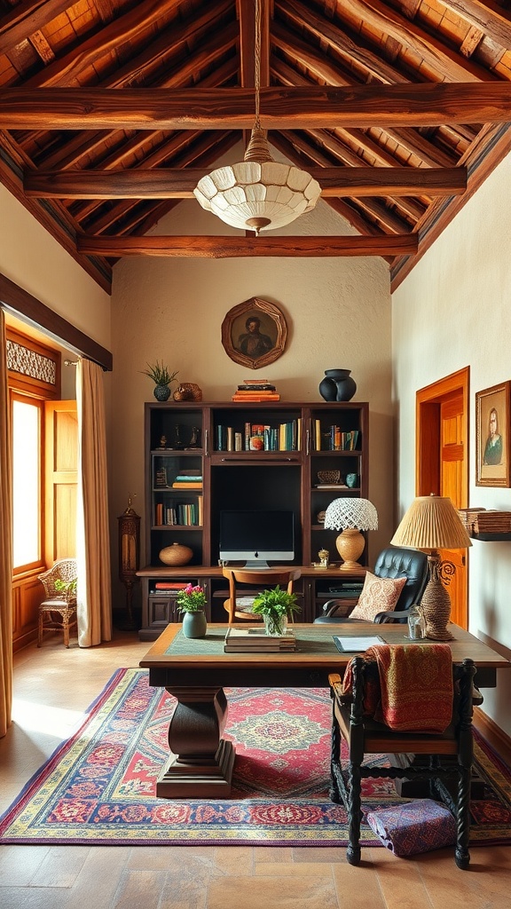 A rustic home office featuring wooden beams, a cozy desk, and a vibrant rug.