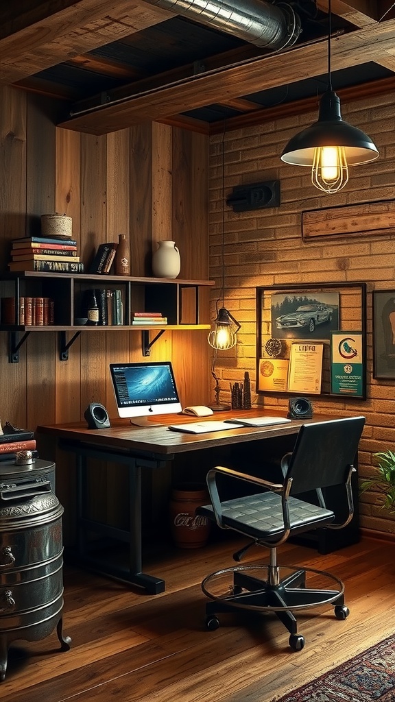 A rustic industrial home office featuring exposed brick, wooden beams, modern furniture, and plants.