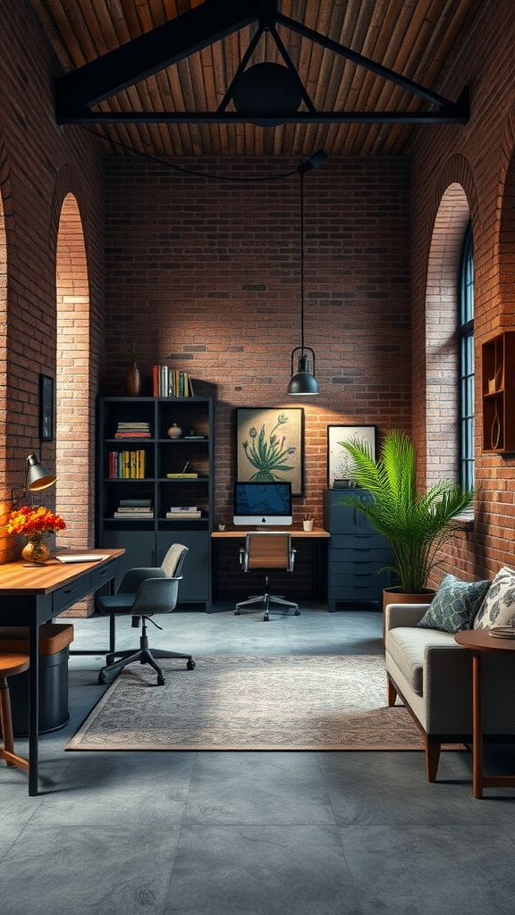 A rustic industrial office with exposed brick walls, wooden furniture, and plants.