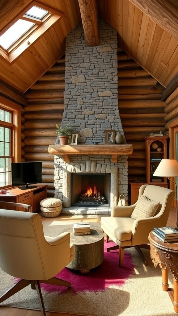 Cozy rustic home office with wooden beams, stone fireplace, and comfortable seating.