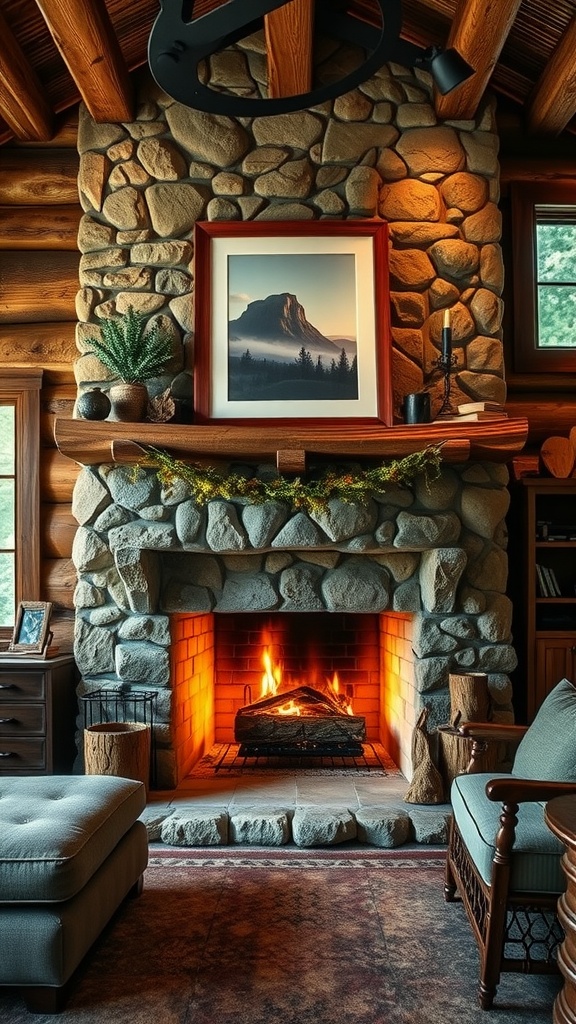 A rustic stone fireplace in a cabin home office, featuring artwork above it and a cozy seating area.