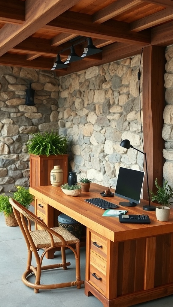Cozy workspace with a rustic stone wall, wooden furniture, and natural light in a summer house
