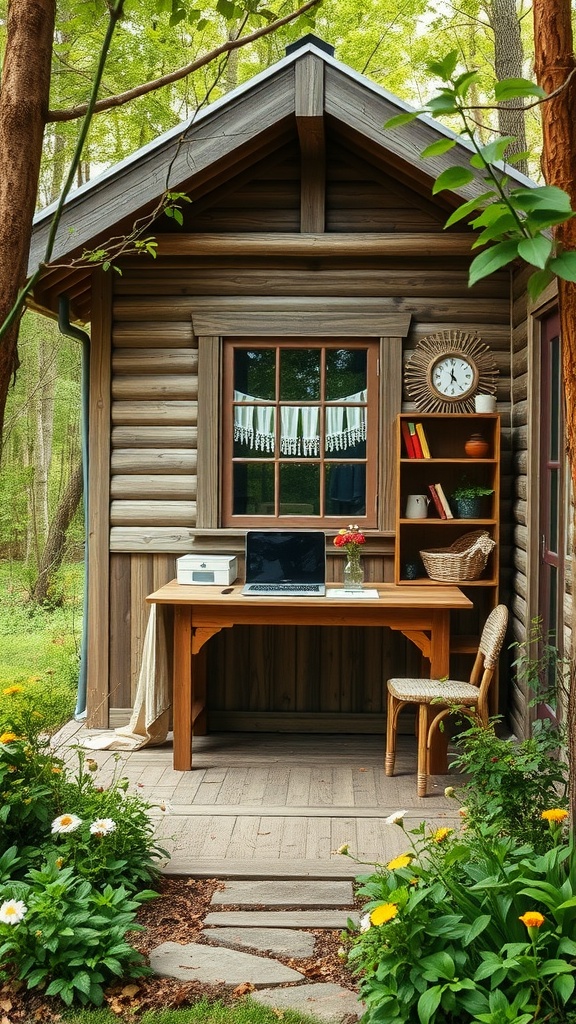 A rustic wooden desk setup outside a small summer house, surrounded by greenery and flowers.