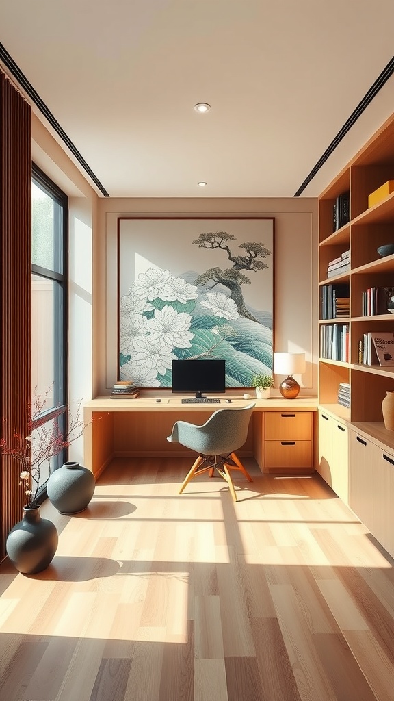 A stylish home office featuring a blend of Scandinavian and Japanese design elements.