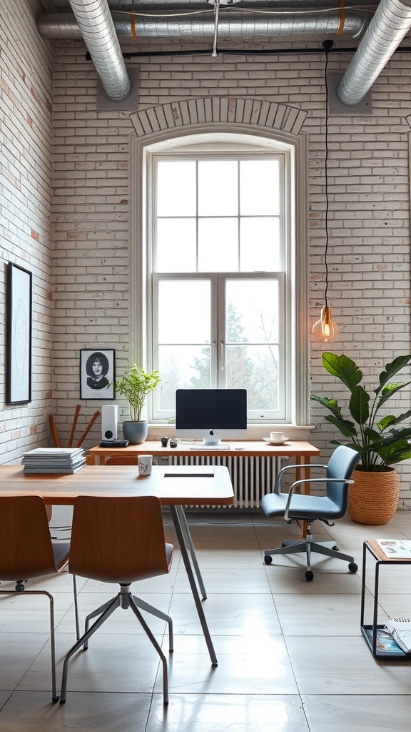 A cozy office space featuring a warm brick wall, wooden furniture, and a vintage rug.