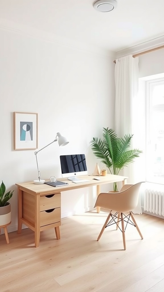 A bright home office with a wooden ceiling, plants, and a minimalist desk setup