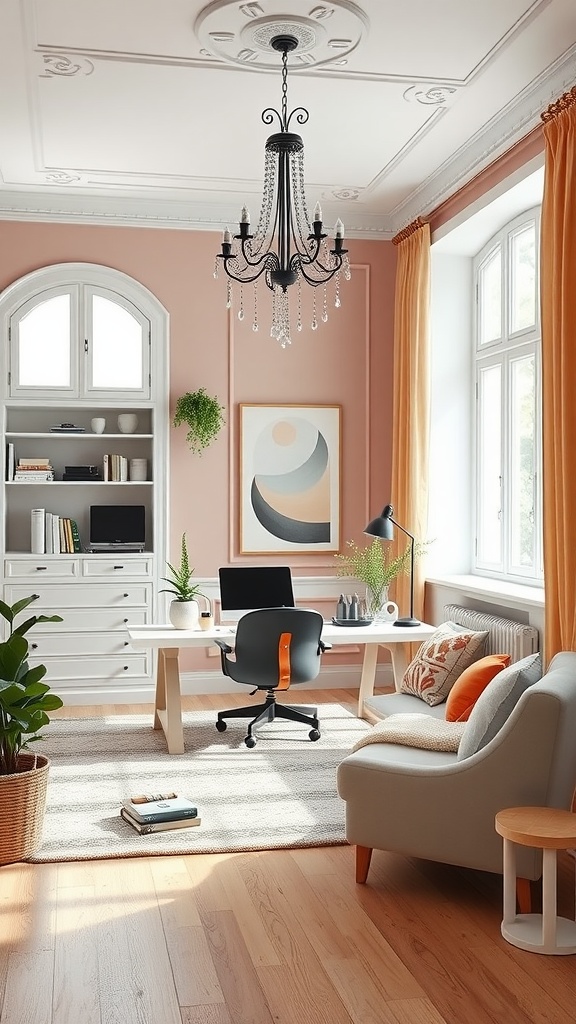 A stylish Scandinavian minimalism home office with pink walls, white furniture, and a modern chandelier.