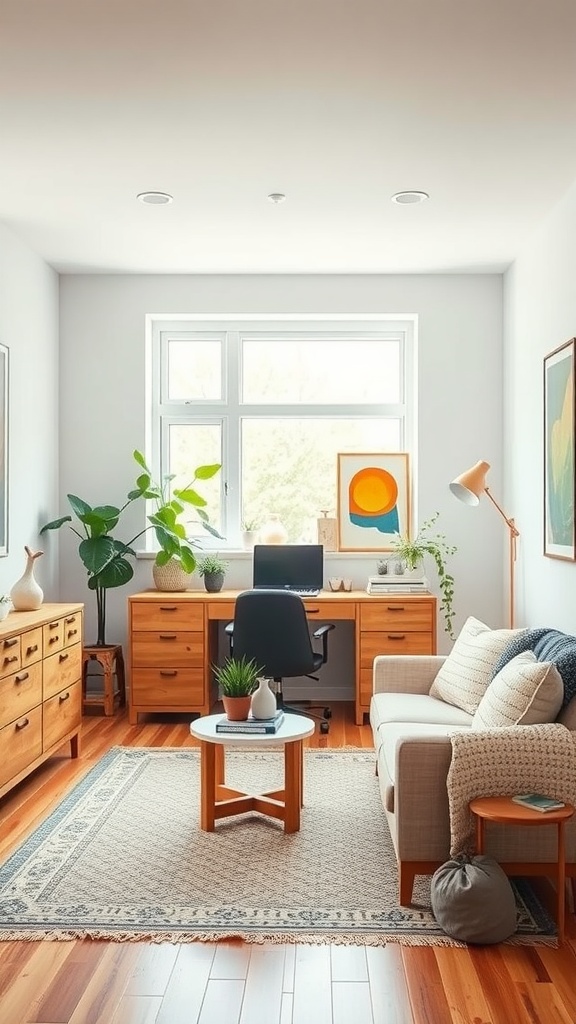 A bright Scandinavian-style home office featuring wooden furniture, plants, and a cozy seating area.