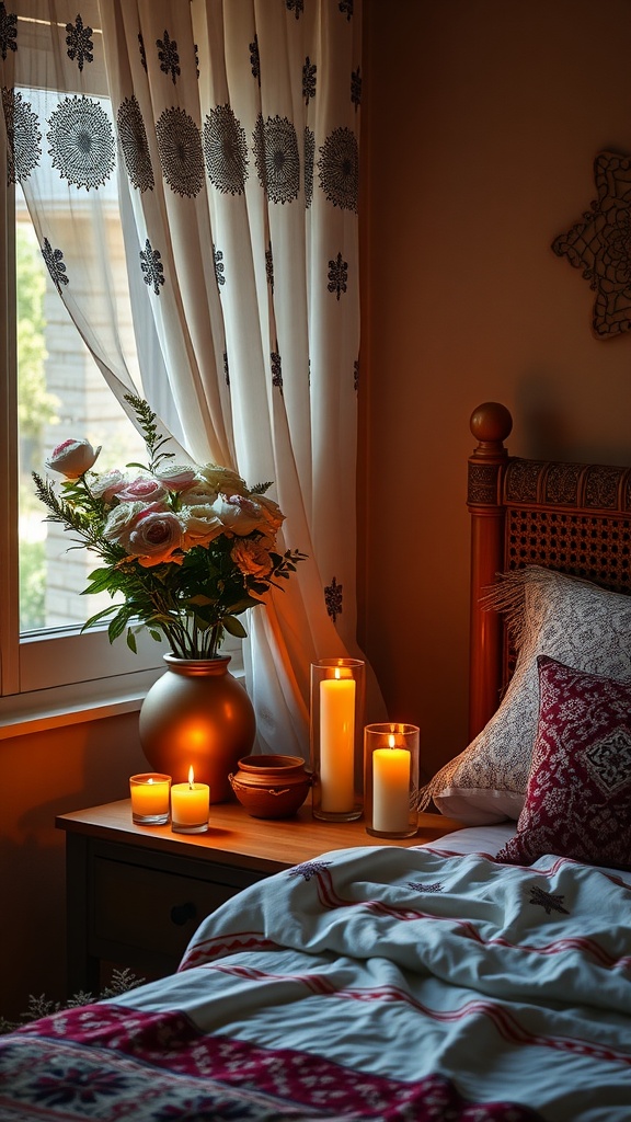 A cozy summer bedroom with scented candles and floral decor