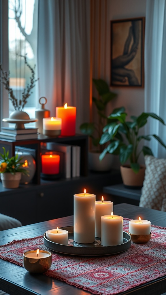 A cozy setup featuring various scented candles on a table, creating a calming atmosphere in a home office.
