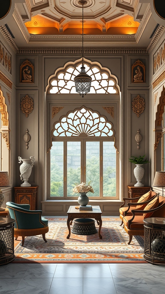 A beautifully designed room featuring Mughal architecture elements, with ornate arches, intricate carvings, and elegant furniture.