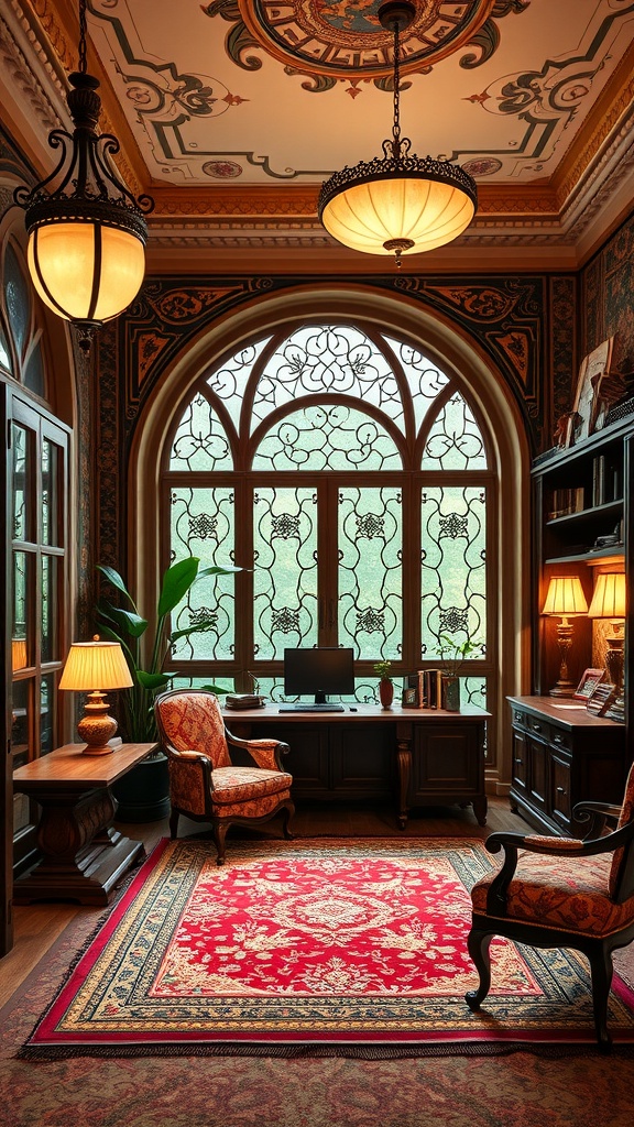 A beautifully designed home office with sculptural lighting fixtures, showcasing art nouveau architecture.