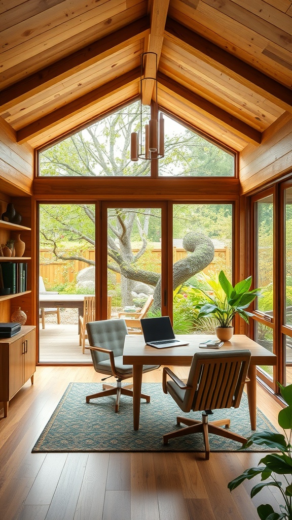 A cozy home office with large windows, wooden beams, and plants, showcasing seasonal adaptability in sustainable architecture.