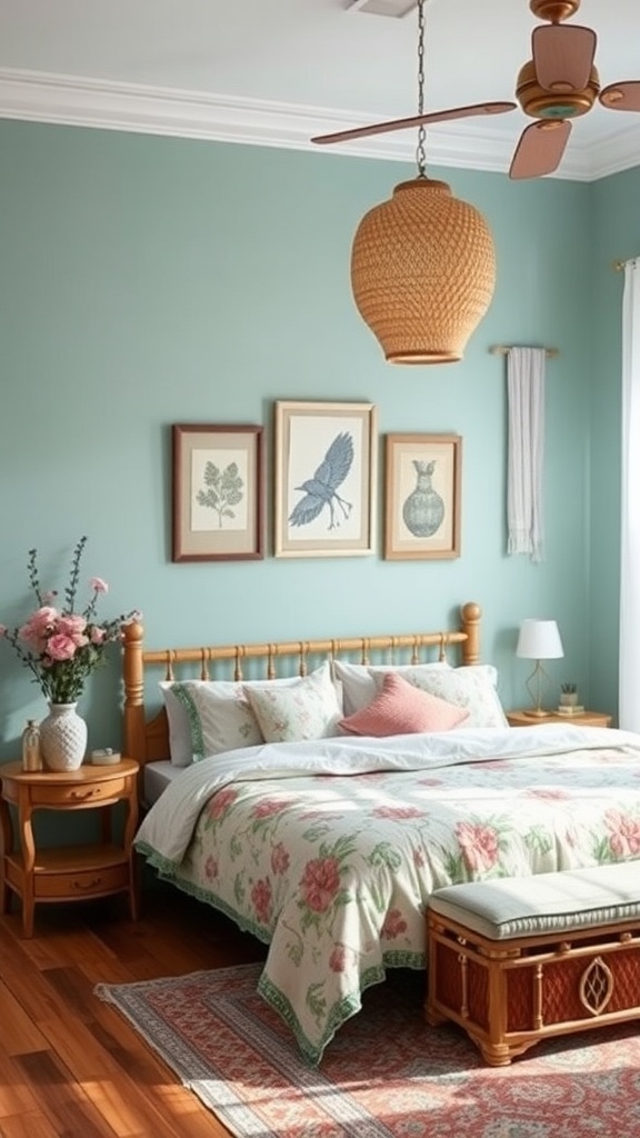Cozy summer bedroom with floral bedding, blue-green walls, and natural decor elements.