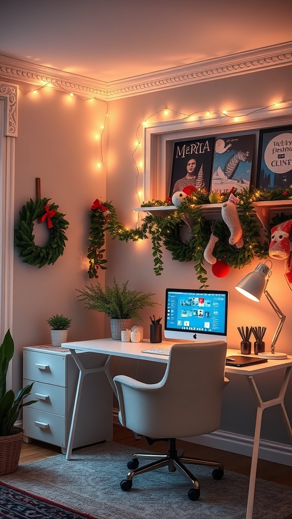 A cozy home office with a Christmas tree, warm lighting, and a modern desk setup.