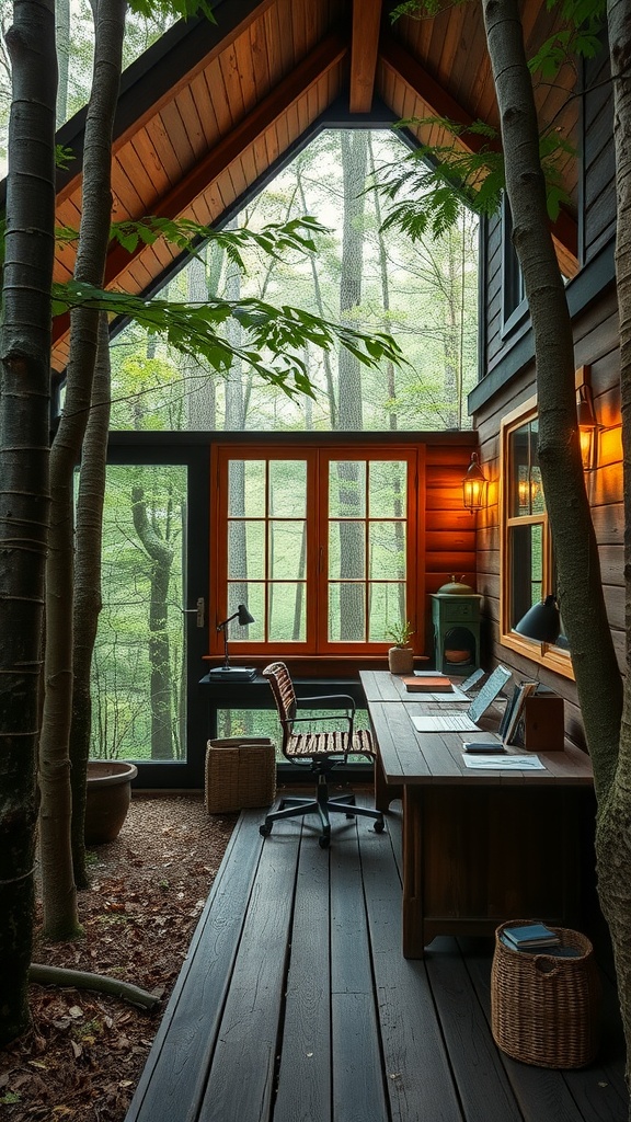 A cozy home office in a forest setting with large windows, wooden furniture, and a peaceful atmosphere.