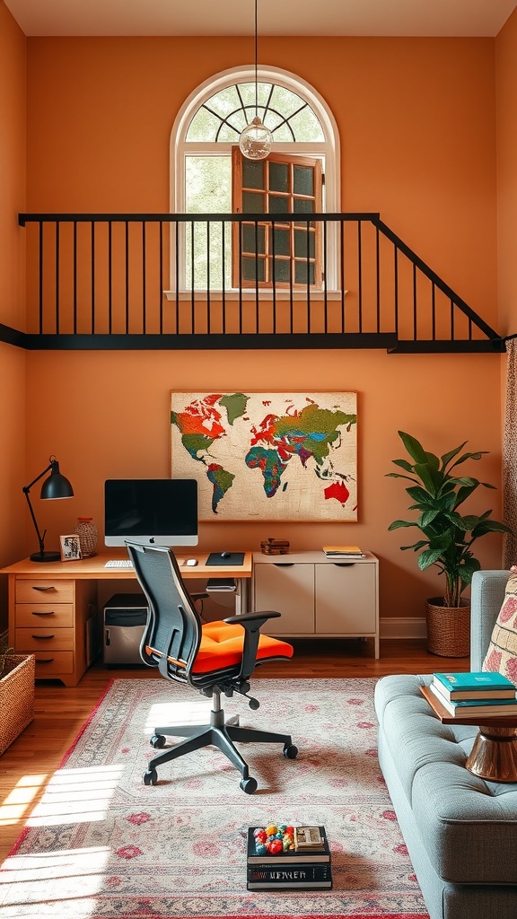 A stylish home office setup in a double height living room featuring an ergonomic chair, desk, and plants.