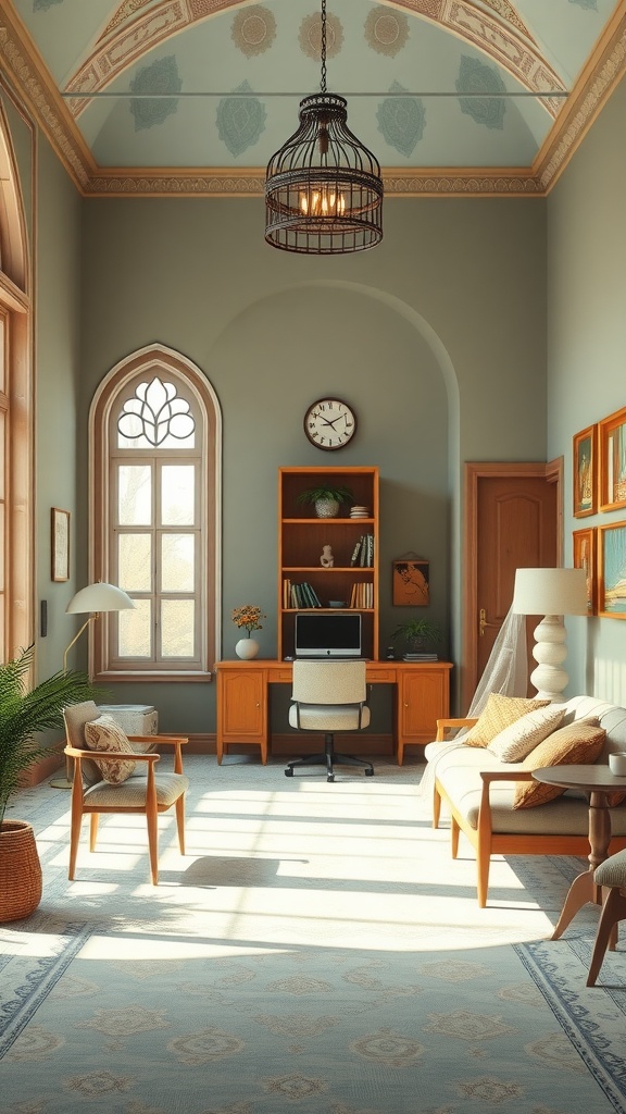 A serene home office with soft blue walls, wooden furniture, and ample natural light.