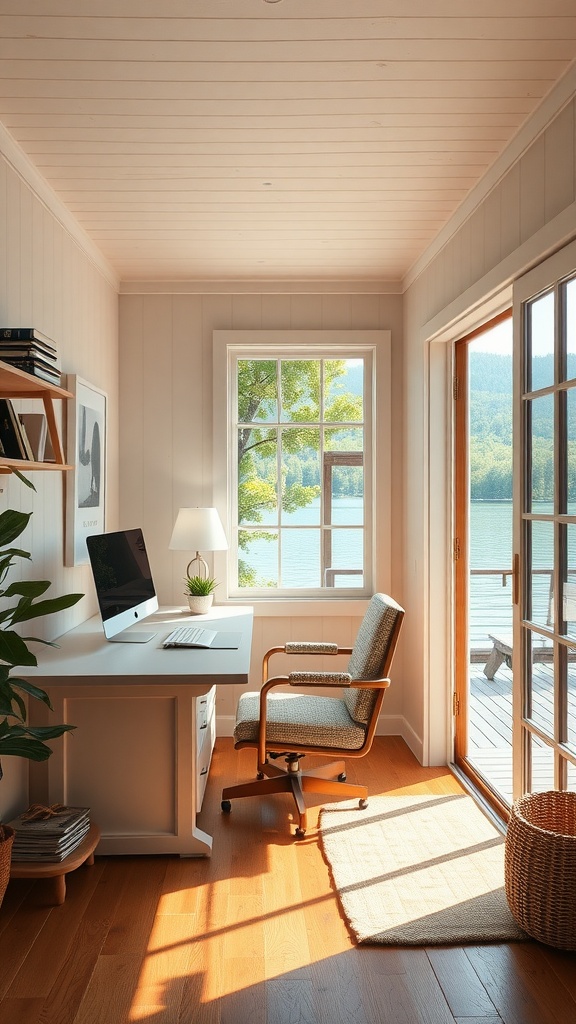 A cozy lakeside office with a desk, chair, and large windows overlooking the water.