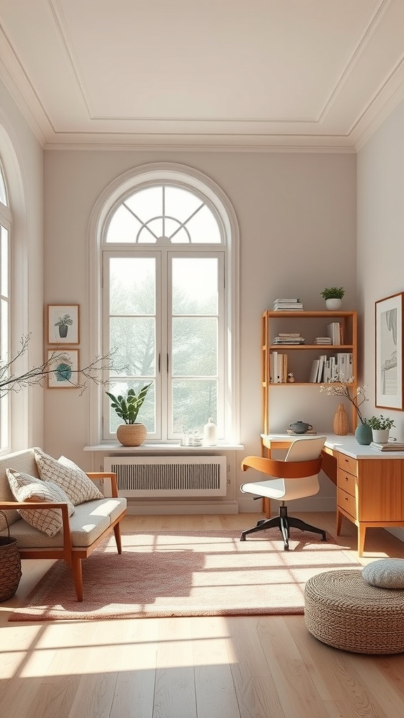 A serene home office with large windows, a cozy sofa, and a well-organized desk, featuring natural light and calming decor.