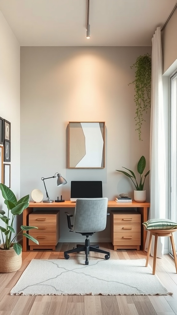 A minimalist home office featuring a wooden desk, a computer, and indoor plants.