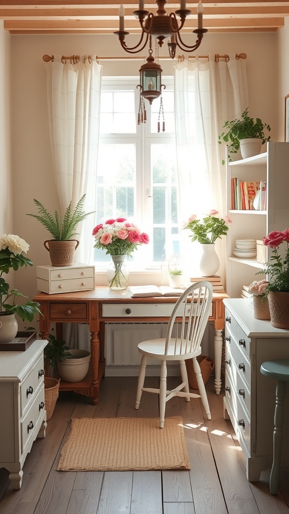 A cozy shabby chic home office featuring a wooden desk, white chair, and vibrant flowers.